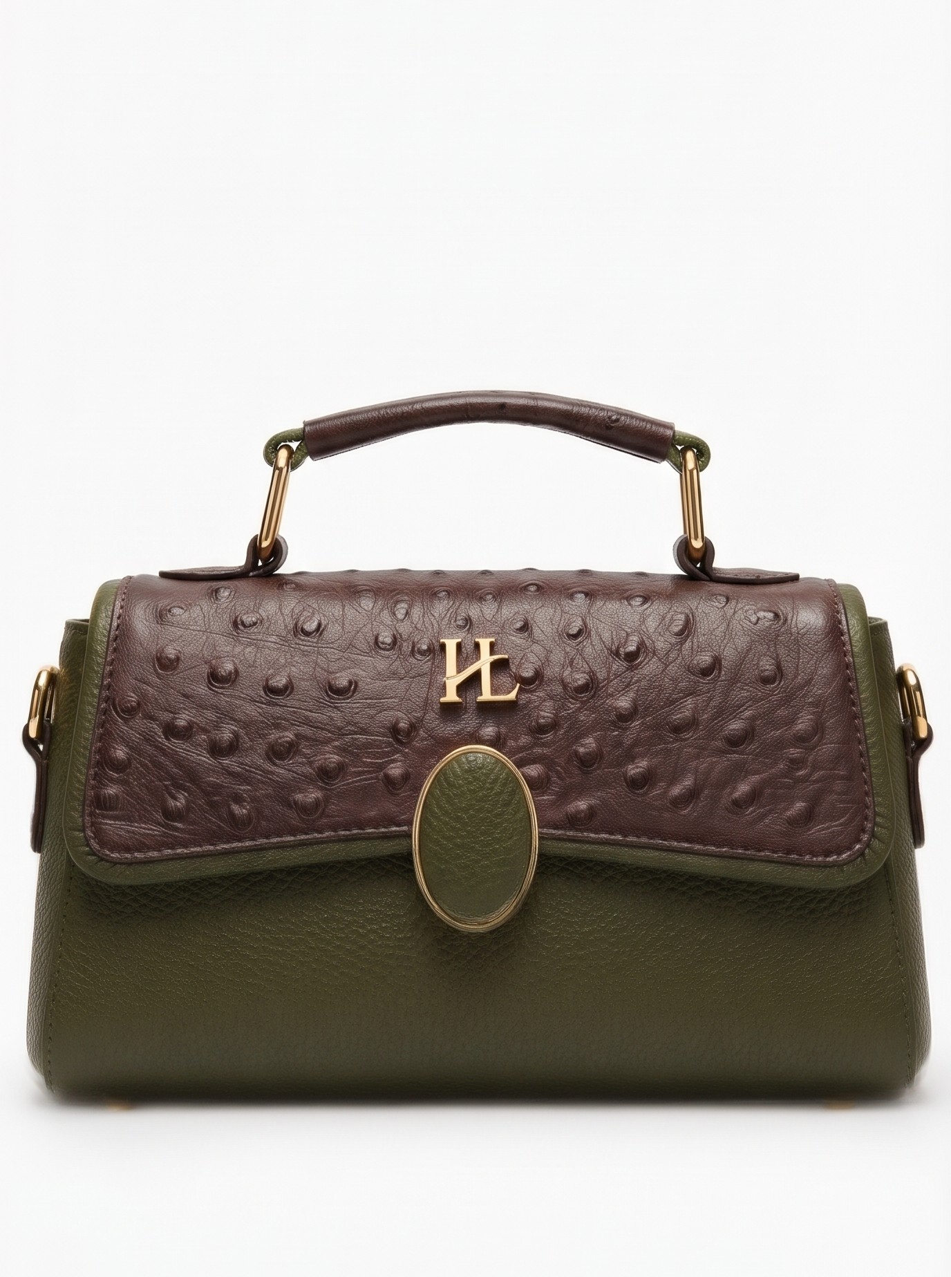 Olive & Brown Structured Top-Handle Bag