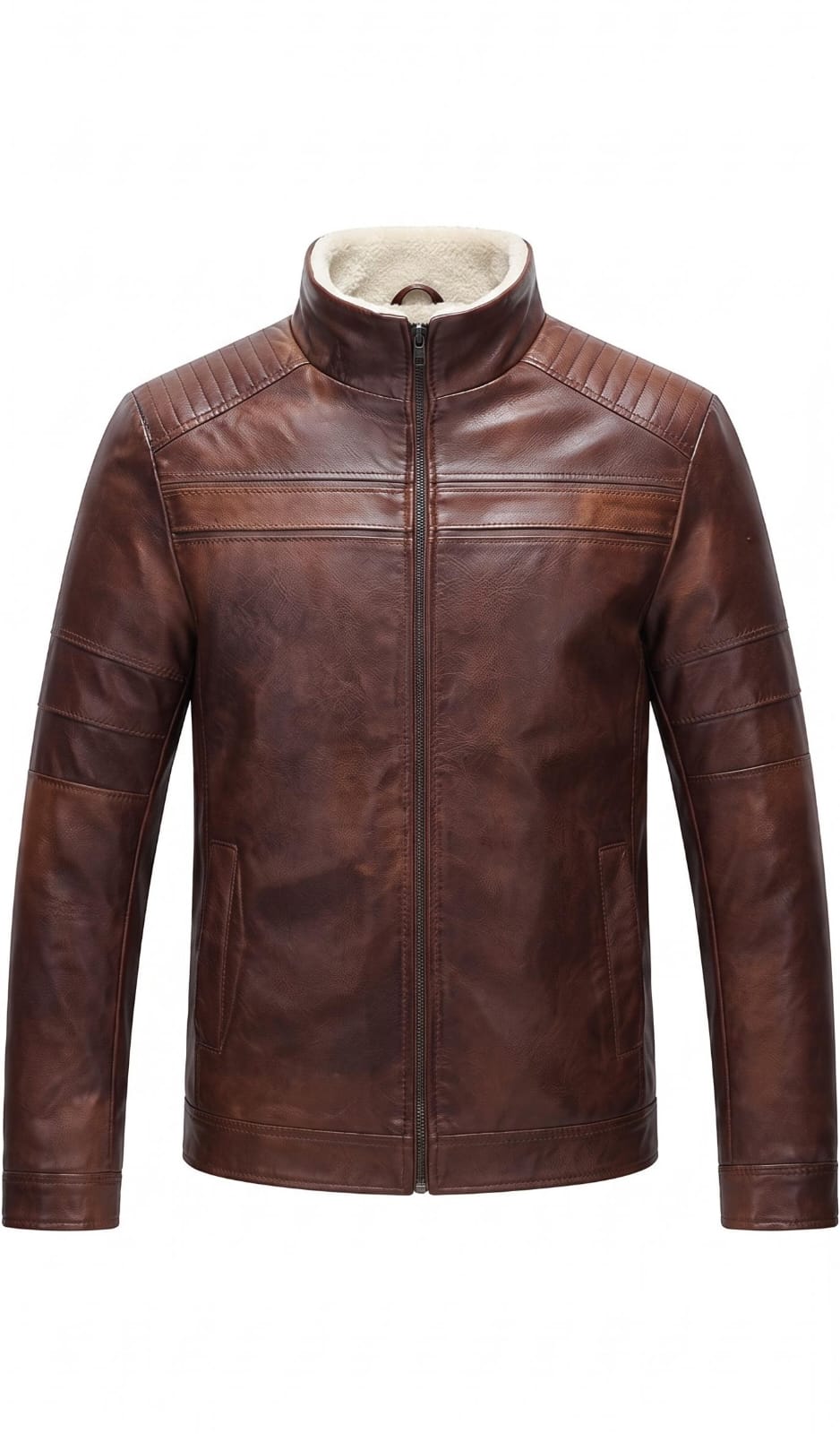 Sherpa-Lined Brown Leather Jacket