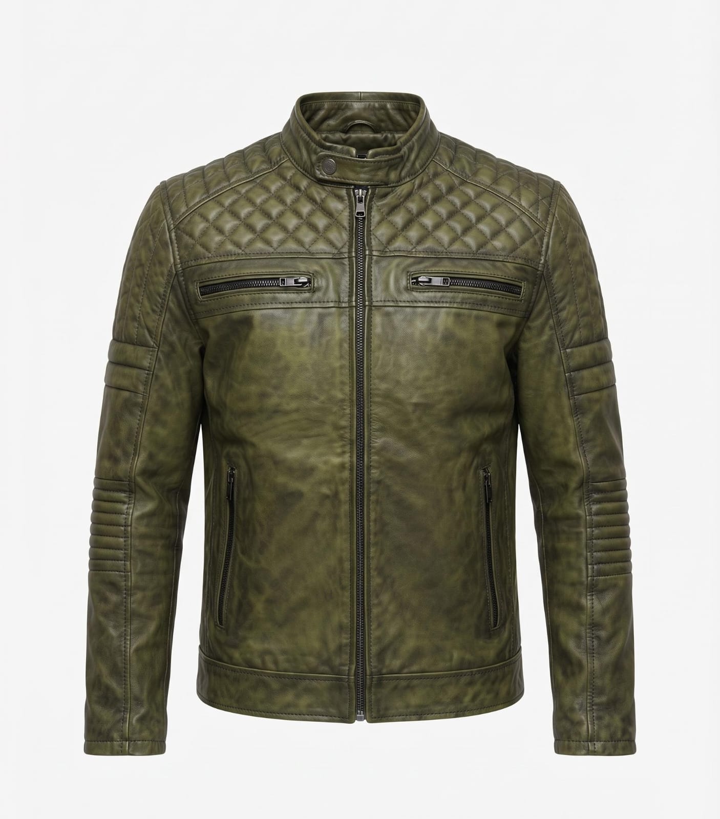 Quilted Olive Leather Biker Jacket